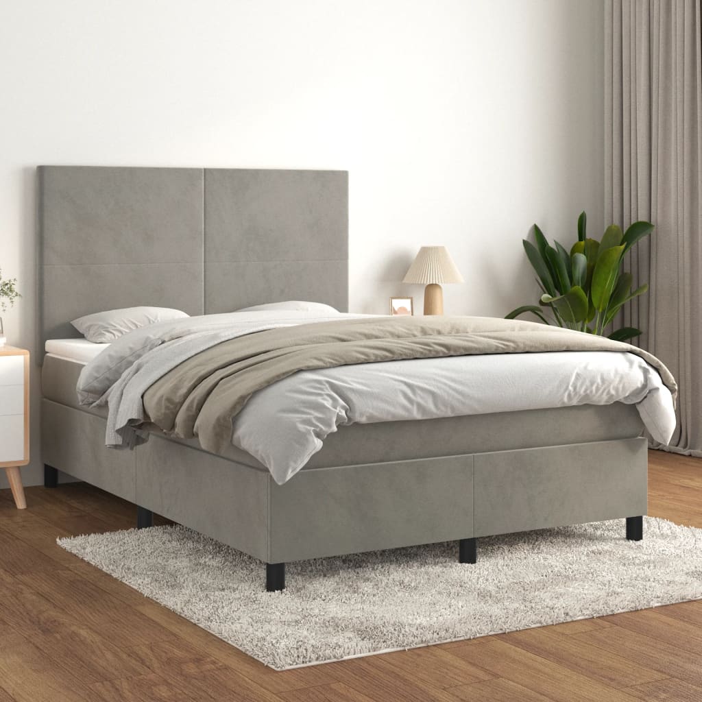 vidaXL Pat box spring cu saltea, gri deschis, 140x190 cm, catifea