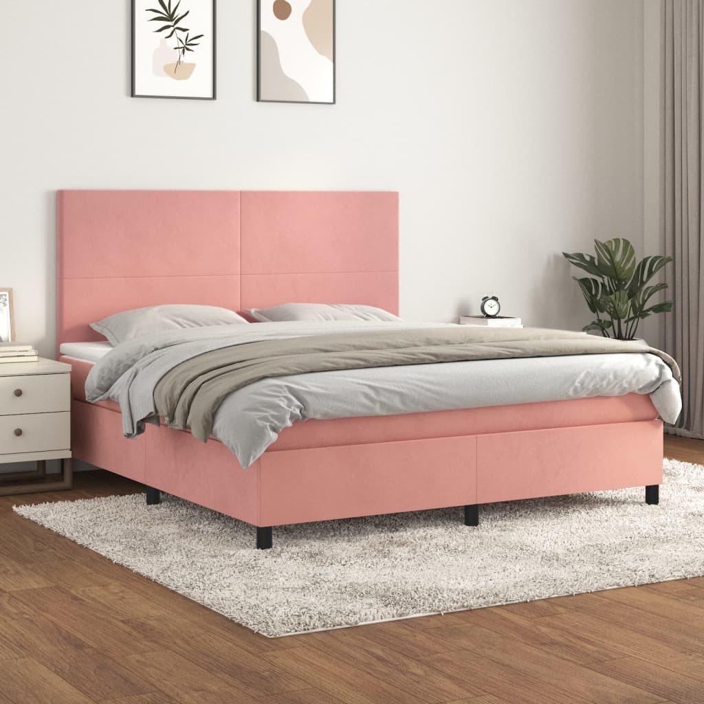 vidaXL Pat box spring cu saltea, roz, 160x200 cm, catifea