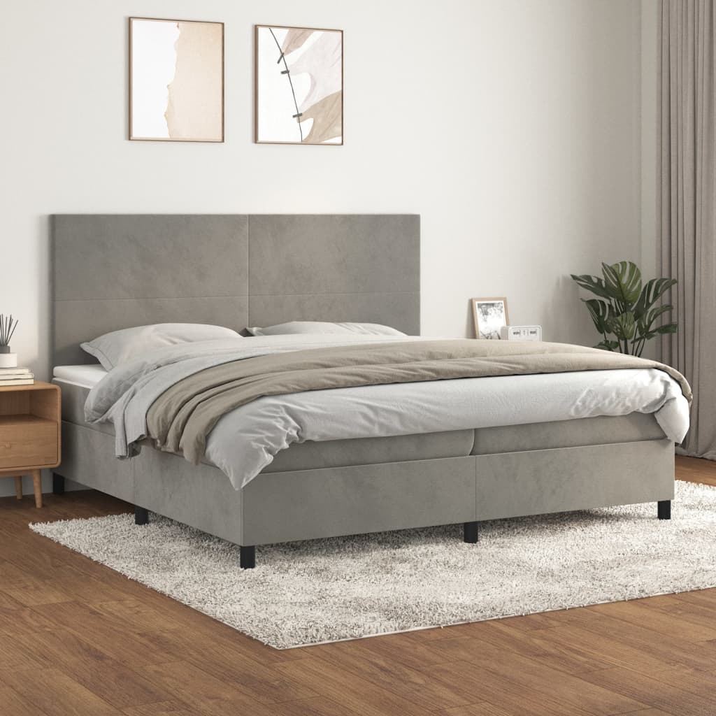 Világosszürke bársony rugós ágy matraccal 200x200 cm 