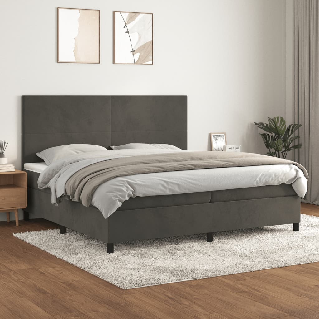 vidaXL Pat box spring cu saltea, gri închis, 200x200 cm, catifea