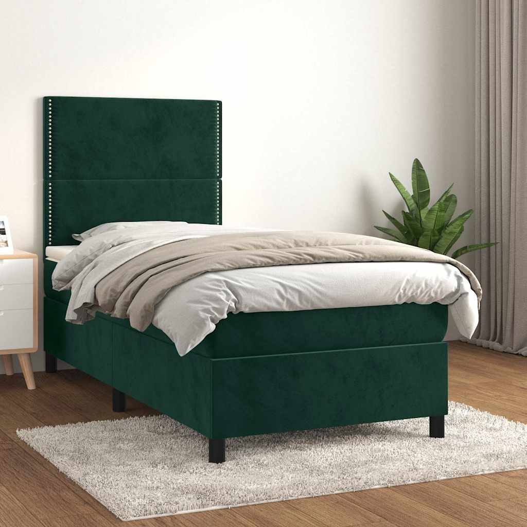 vidaXL Pat box spring cu saltea, verde închis, 90x190 cm, catifea