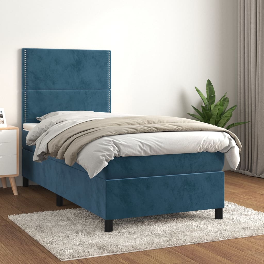 vidaXL Pat box spring cu saltea, albastru închis, 90x190 cm, catifea