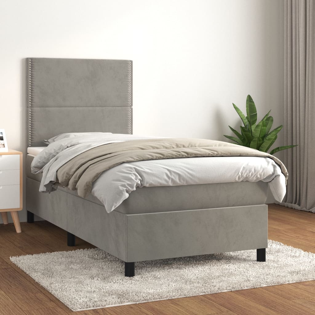 Világosszürke bársony rugós ágy matraccal 100 x 200 cm 