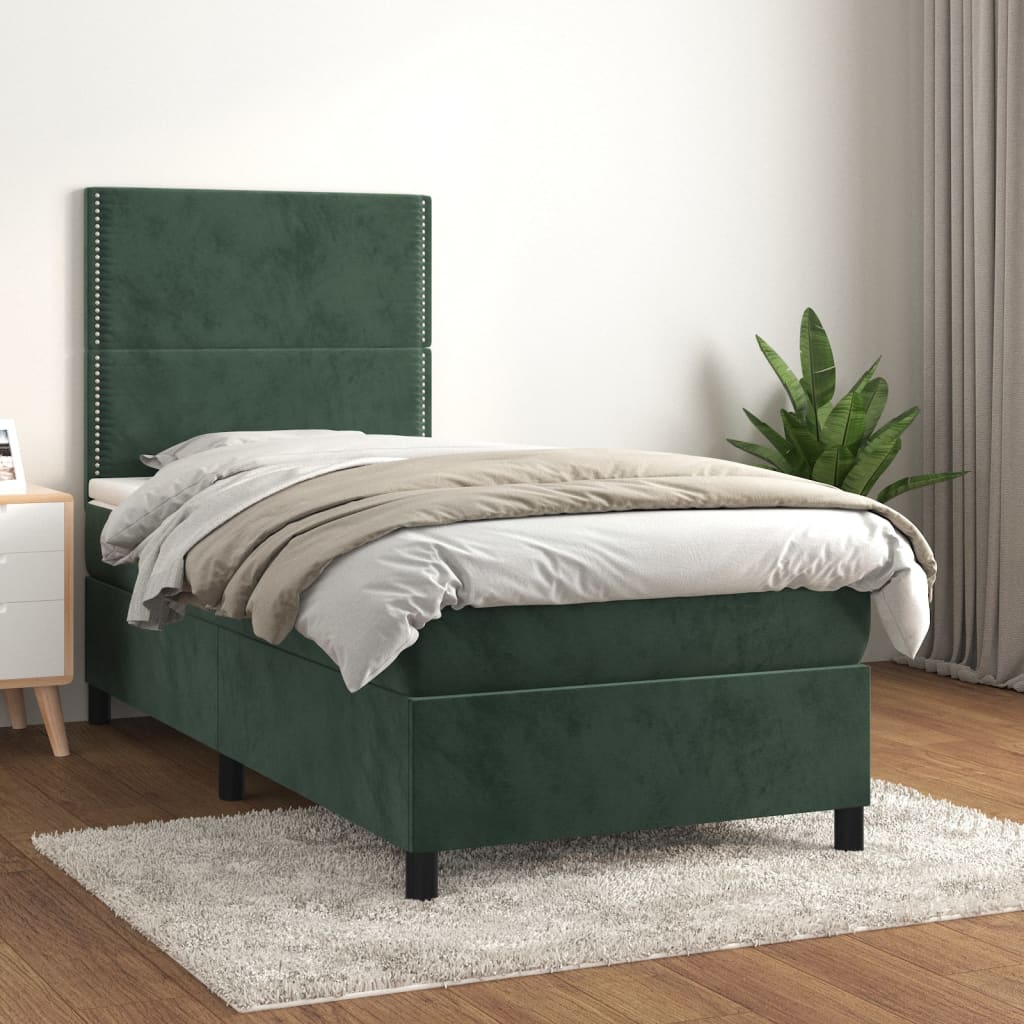 sötétzöld bársony rugós ágy matraccal 100 x 200 cm