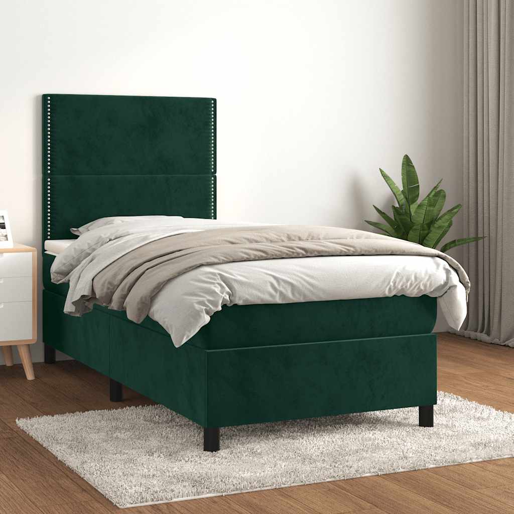 vidaXL Pat box spring cu saltea, verde închis, 100x200 cm, catifea
