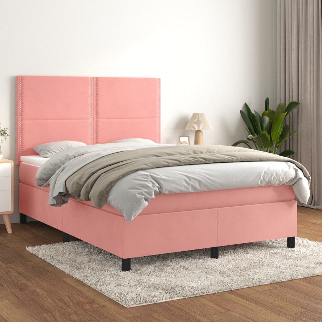 vidaXL Pat box spring cu saltea, roz, 140x190 cm, catifea