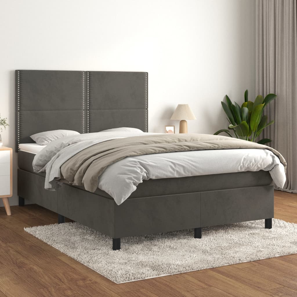 sötétszürke bársony rugós ágy matraccal 140x200 cm