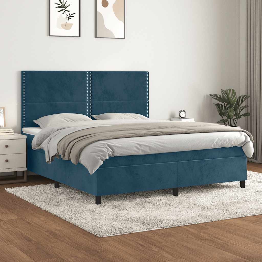 vidaXL Pat box spring cu saltea, albastru închis, 160x200 cm, catifea