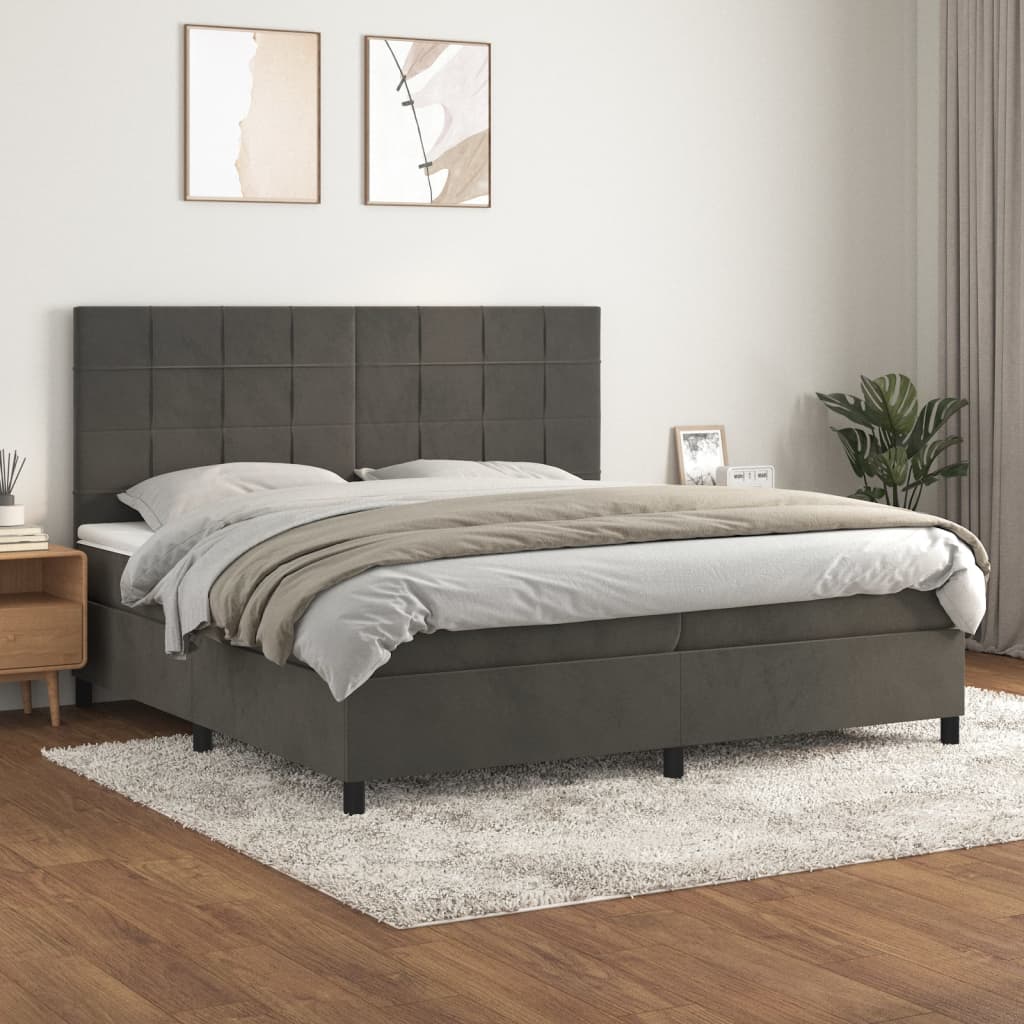 vidaXL Pat box spring cu saltea, gri închis, 200x200 cm, catifea