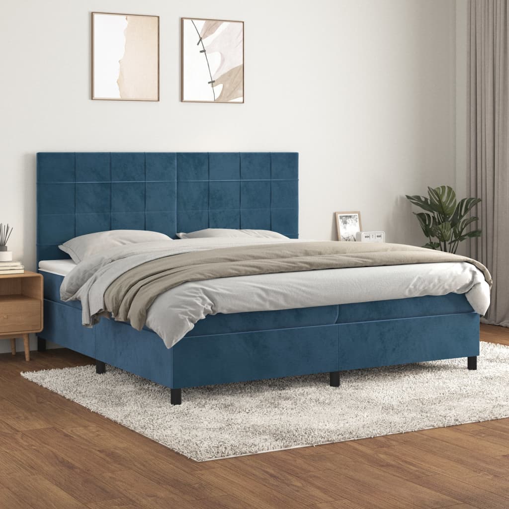 vidaXL Pat box spring cu saltea, albastru închis, 200x200 cm, catifea