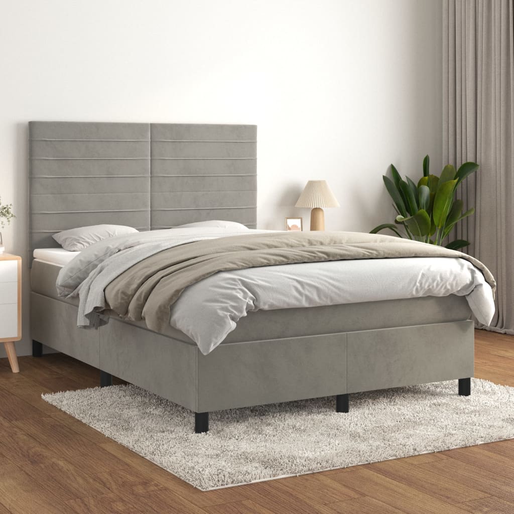 vidaXL Pat box spring cu saltea, gri deschis, 140x190 cm, catifea