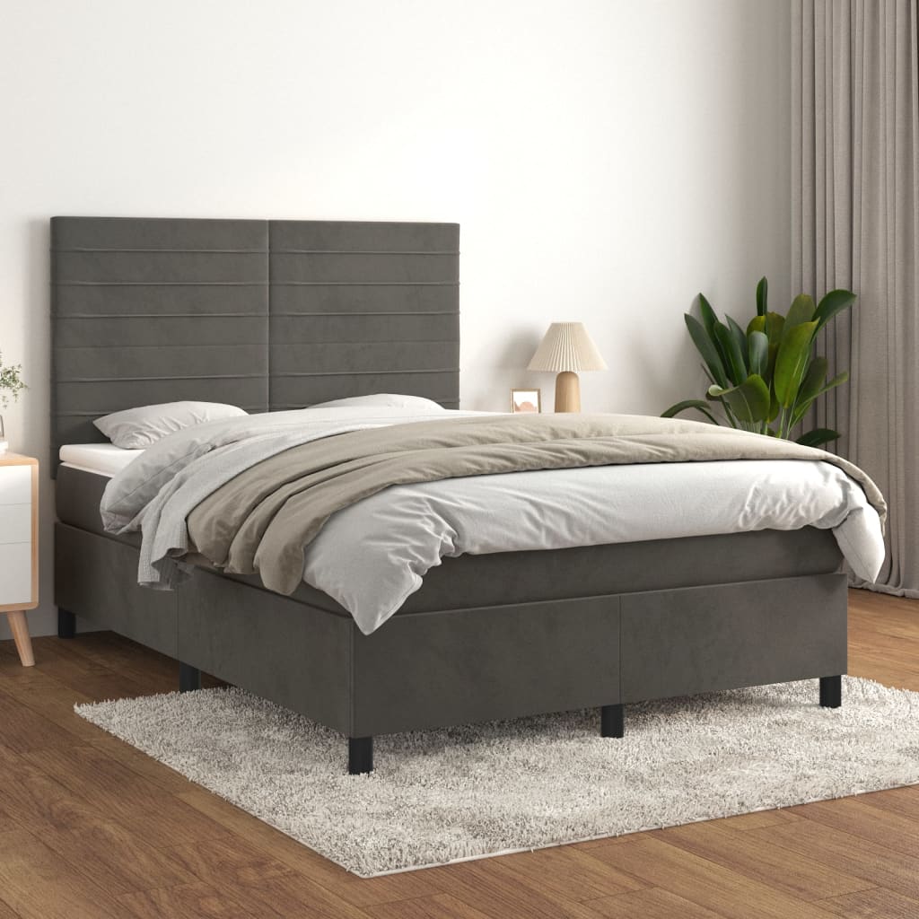 vidaXL Pat box spring cu saltea, gri închis, 140x200 cm, catifea