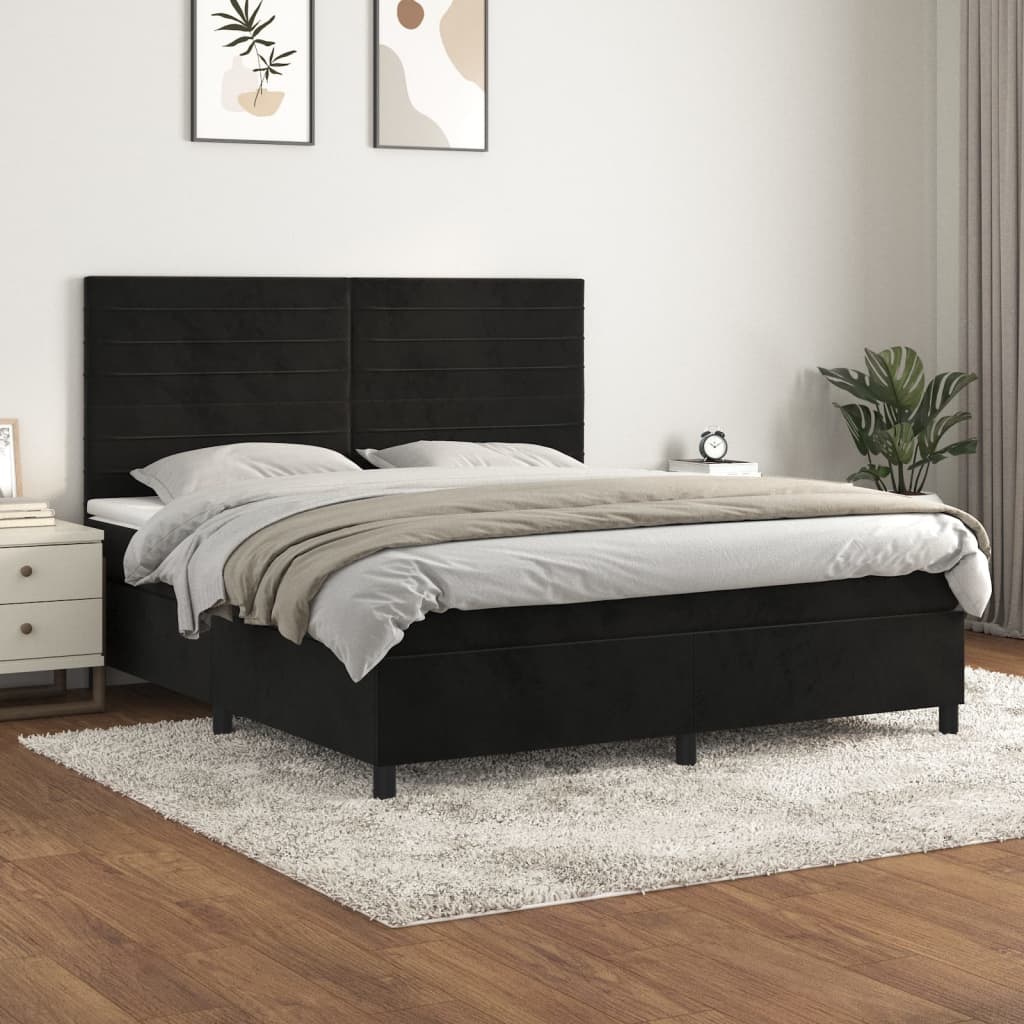 vidaXL Pat box spring cu saltea, negru, 160x200 cm, catifea