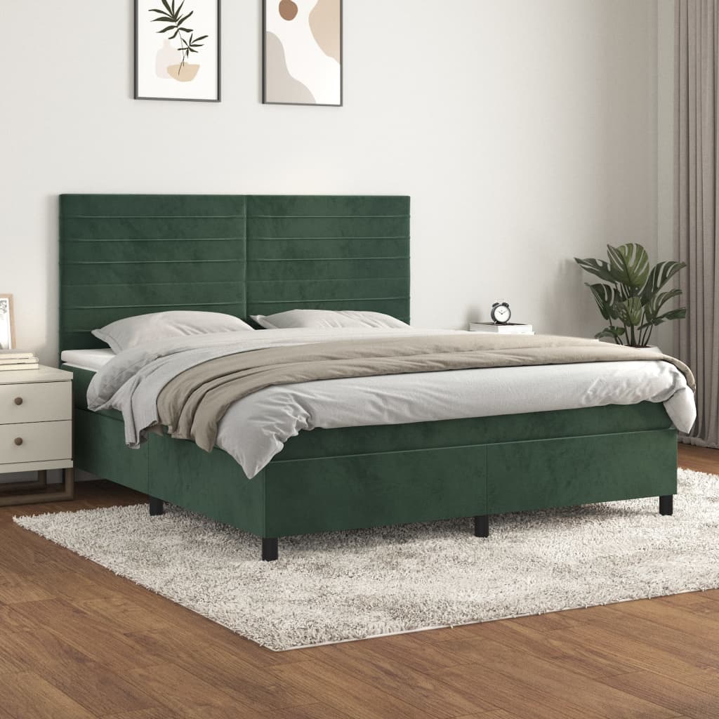 vidaXL Pat box spring cu saltea, verde închis, 180x200 cm, catifea