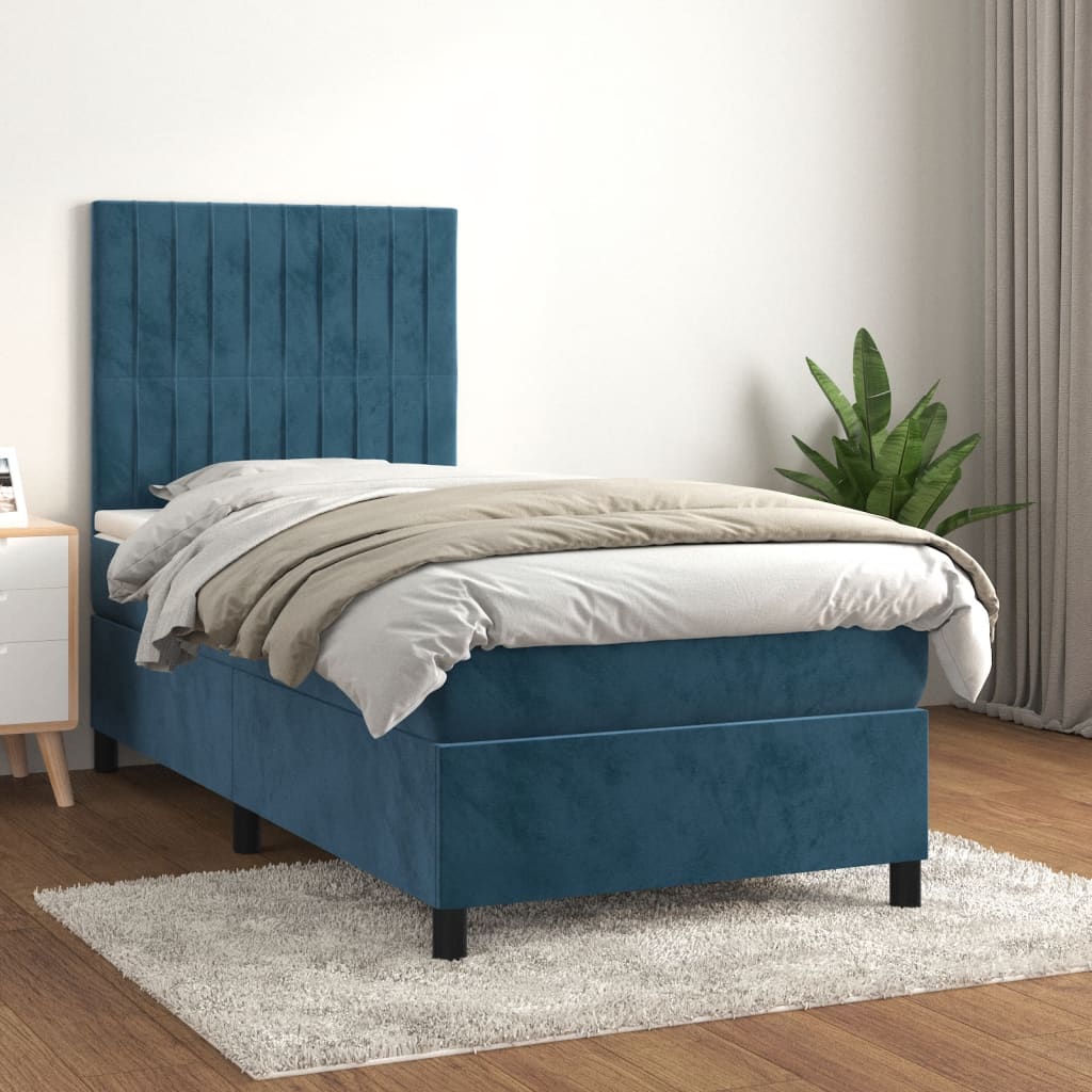 vidaXL Pat box spring cu saltea, albastru închis, 90x190 cm, catifea