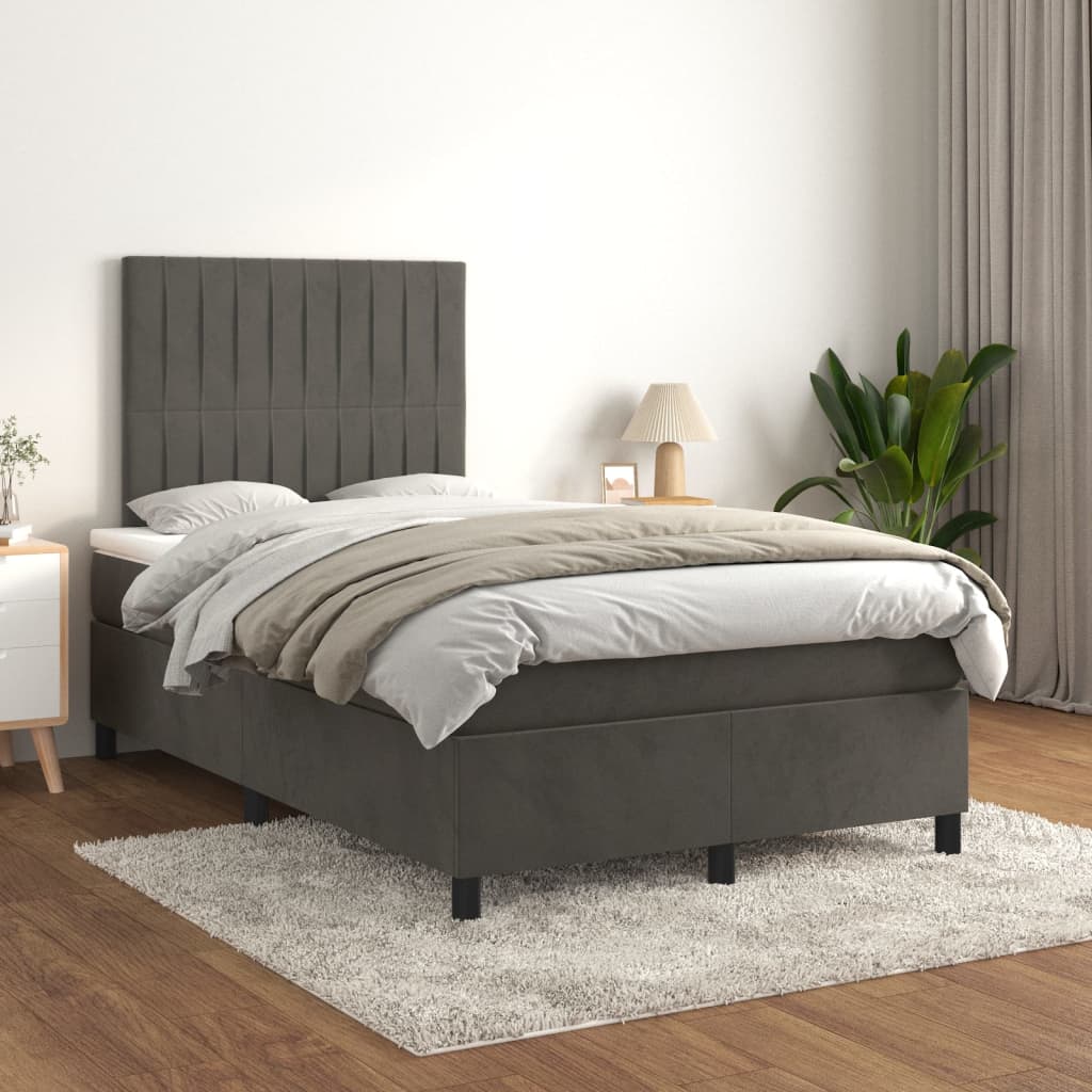 vidaXL Pat box spring cu saltea, gri închis, 120x200 cm, catifea