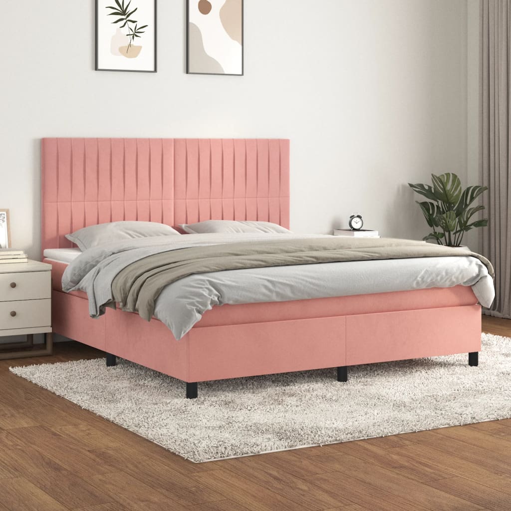 vidaXL Pat box spring cu saltea, roz, 160x200 cm, catifea