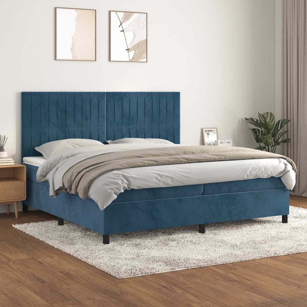 vidaXL Pat box spring cu saltea, albastru închis, 200x200 cm, catifea