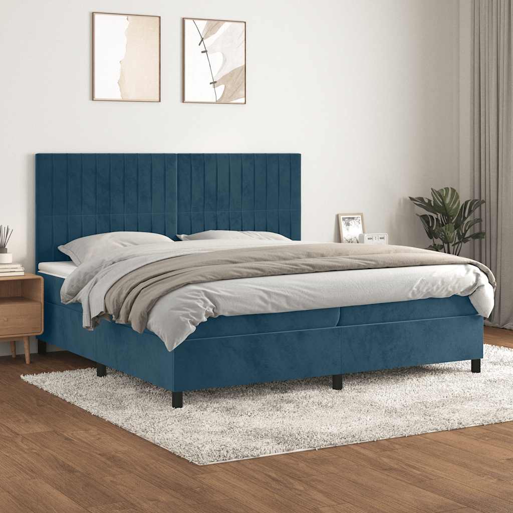 vidaXL Pat box spring cu saltea, albastru închis, 200x200 cm, catifea
