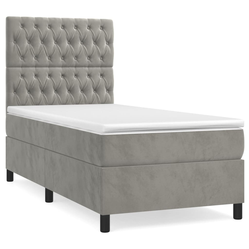 Világosszürke bársony rugós ágy matraccal 90x190 cm 