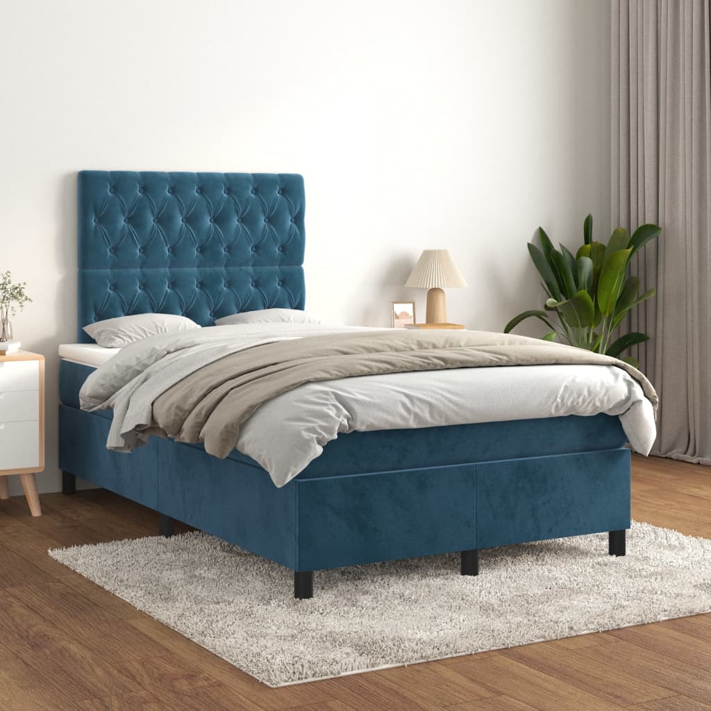 vidaXL Pat box spring cu saltea, albastru închis, 120x200 cm, catifea