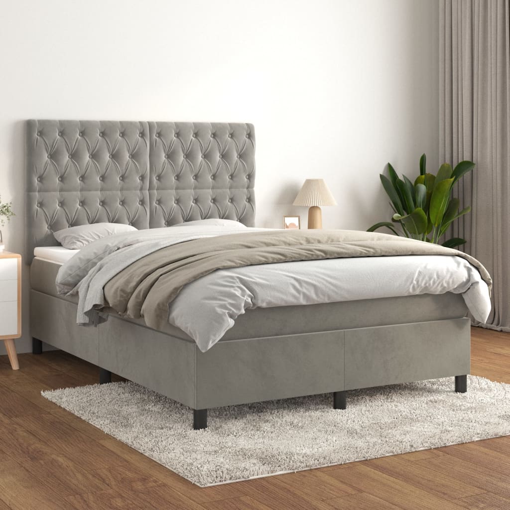 vidaXL Pat box spring cu saltea, gri deschis, 140x190 cm, catifea