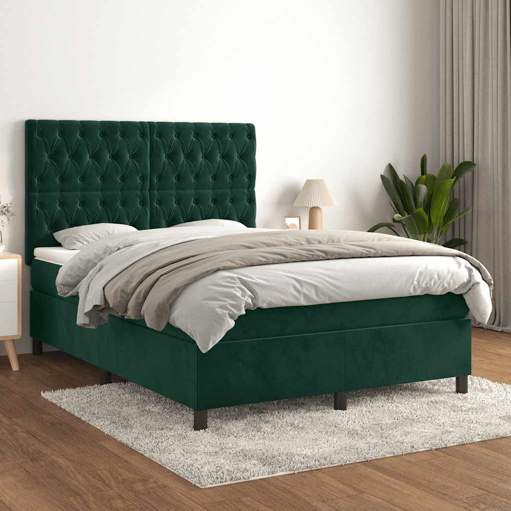 vidaXL Pat box spring cu saltea, verde închis, 140x190 cm, catifea