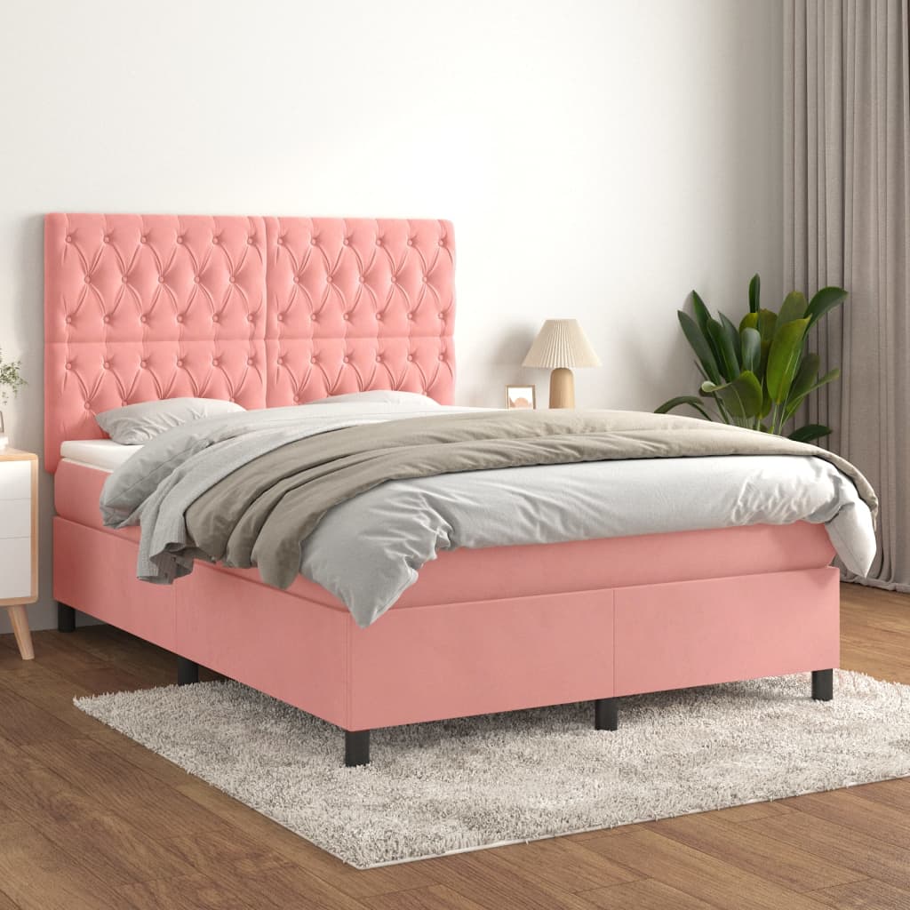 Boxspringbett mit Matratze Rosa 140×190 cm Samt