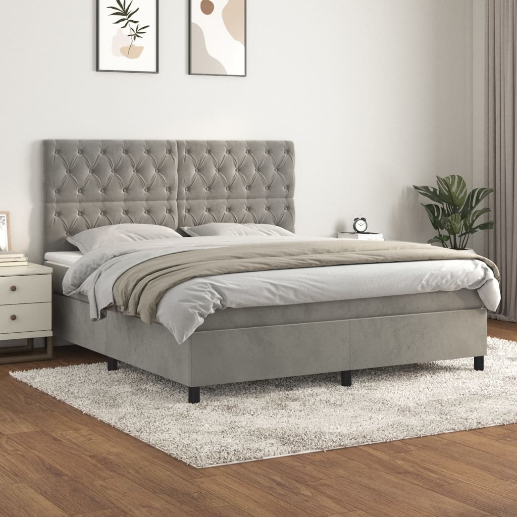 Világosszürke bársony rugós ágy matraccal 160x200 cm 