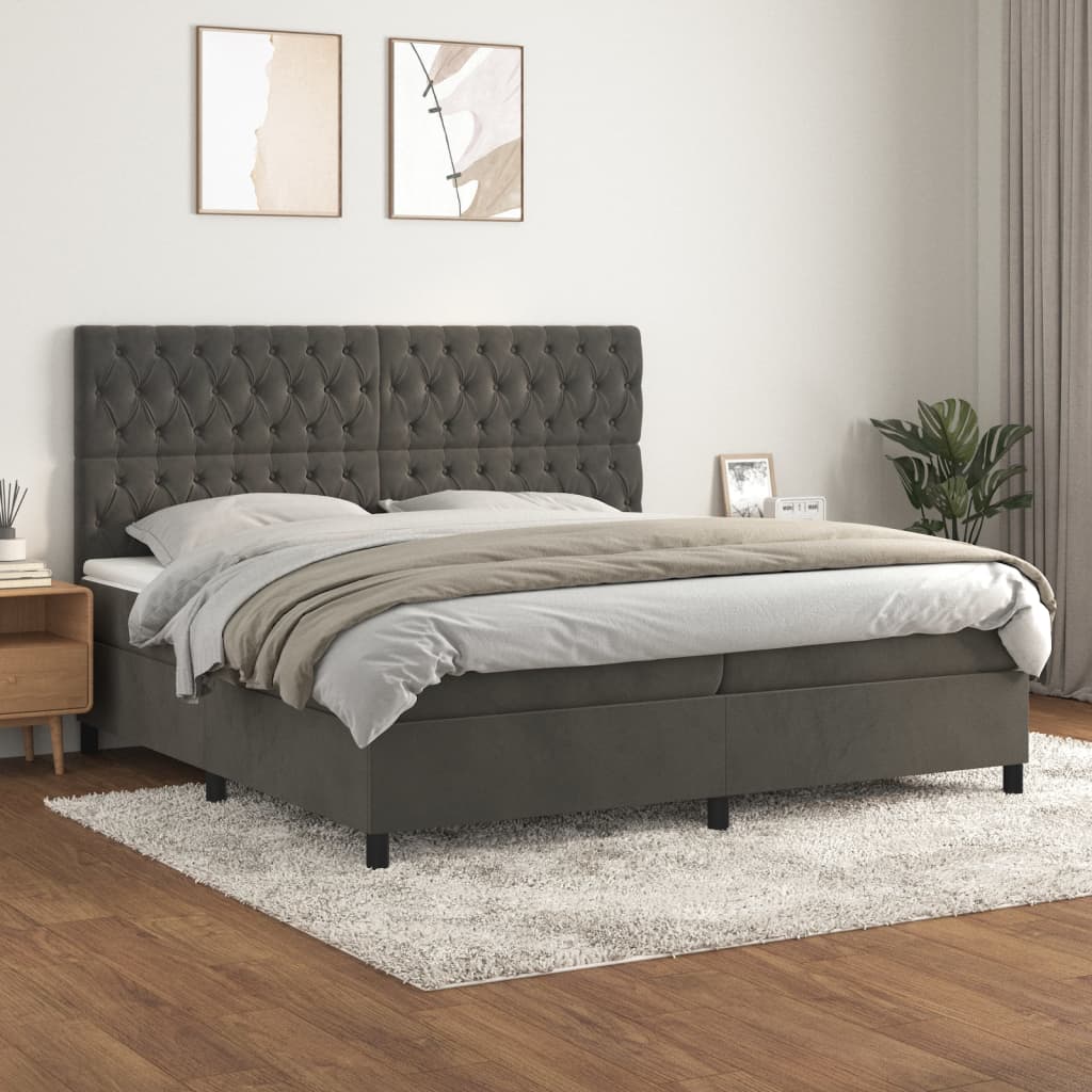 vidaXL Pat box spring cu saltea, gri închis, 200x200 cm, catifea