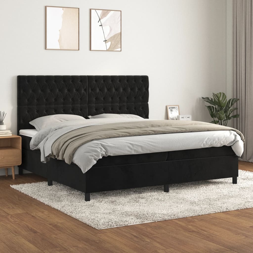 vidaXL Pat box spring cu saltea, negru, 200x200 cm, catifea