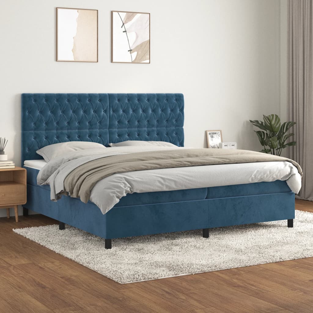 vidaXL Pat box spring cu saltea, albastru închis, 200x200 cm, catifea