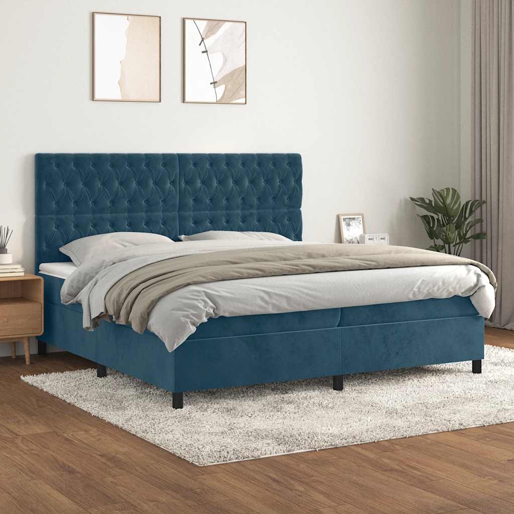 vidaXL Pat box spring cu saltea, albastru închis, 200x200 cm, catifea