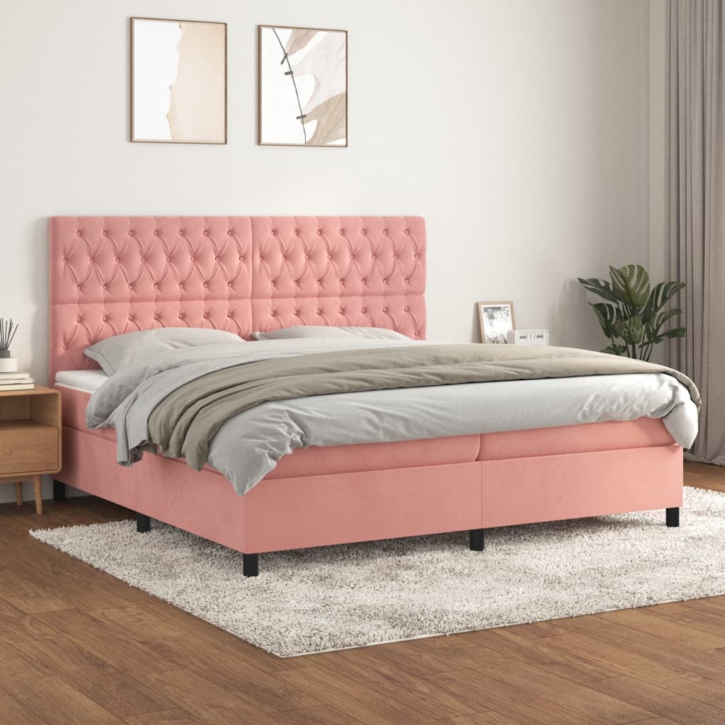 vidaXL Pat box spring cu saltea, roz, 200x200 cm, catifea