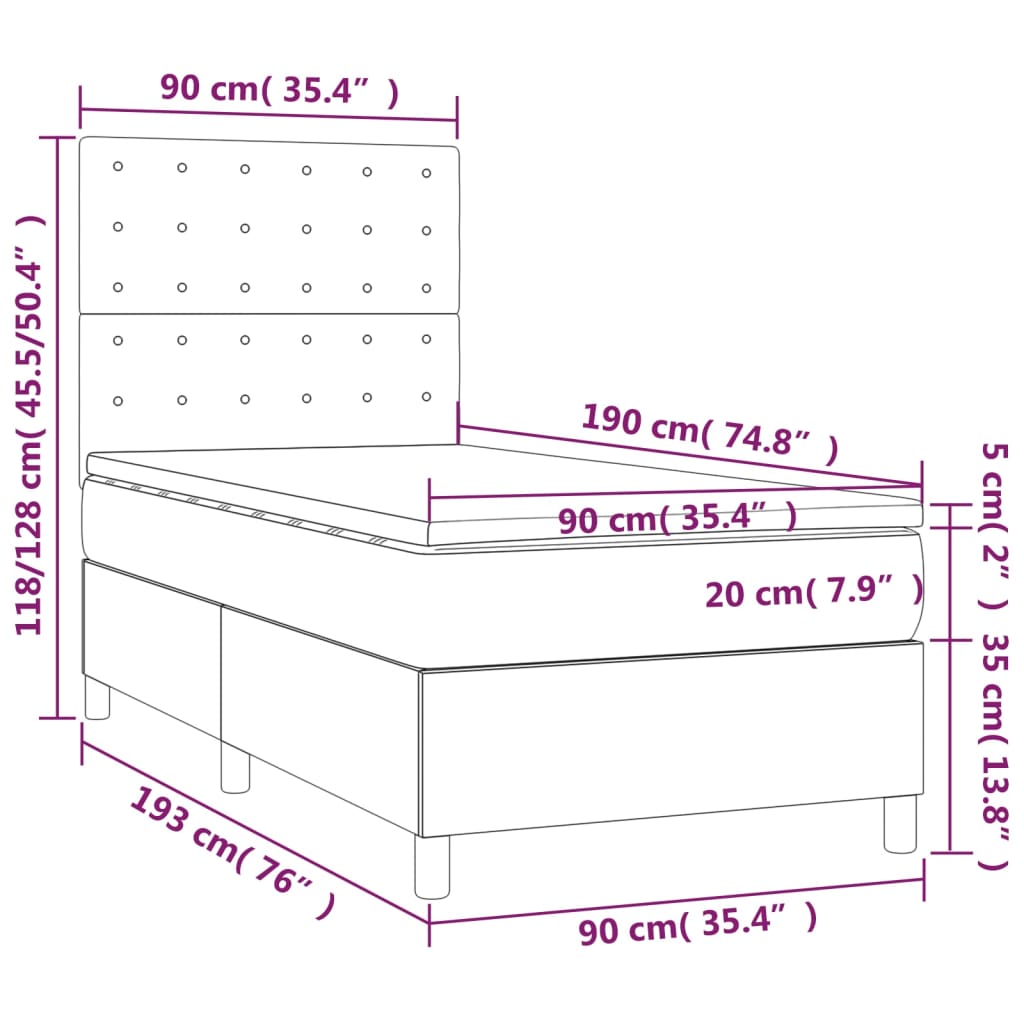 Pat box spring cu saltea, albastru închis, 90x190 cm, catifea