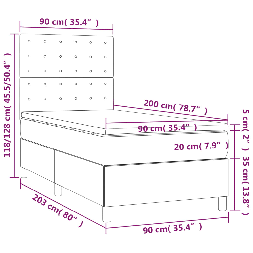 Łóżko kontynentalne aksamitne ciemnoszare 203x90x118/128 cm + materac 90x200x20 cm + nakładka 90x200x5 cm