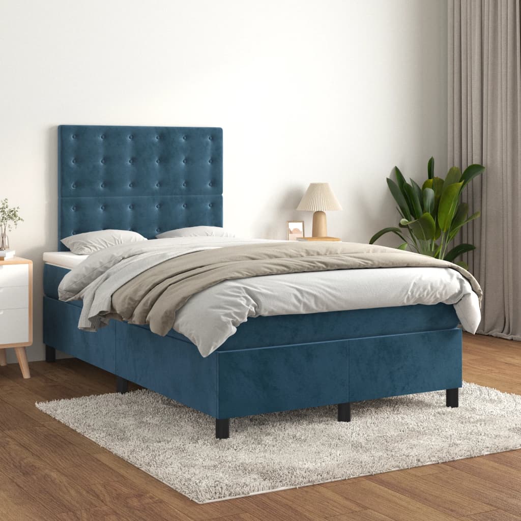 vidaXL Pat box spring cu saltea, albastru închis, 120x200 cm, catifea