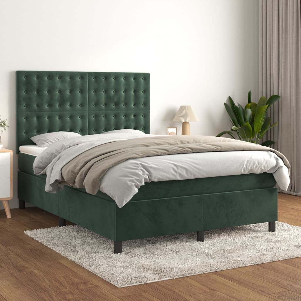 vidaXL Pat box spring cu saltea, verde închis, 140x190 cm, catifea