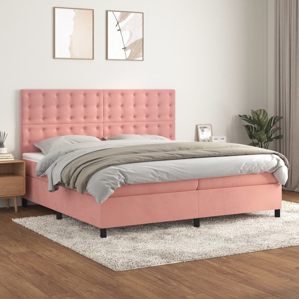 vidaXL Pat box spring cu saltea, roz, 200x200 cm, catifea