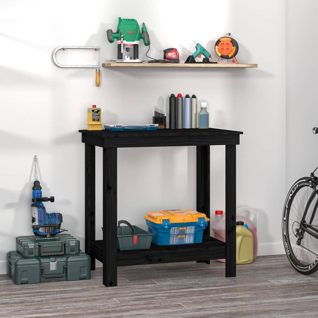 vida XL Werkbank Schwarz 80x 50x 80 cm Massivholz Kiefer