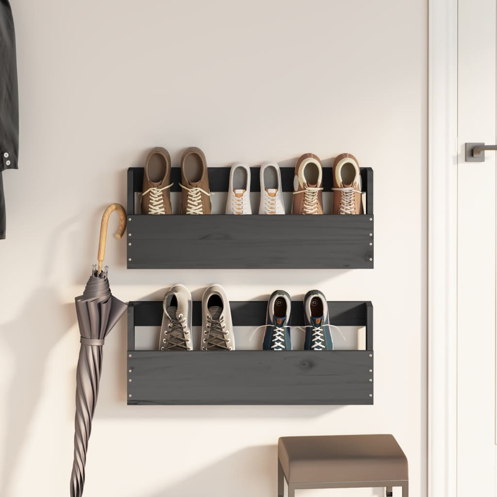 vidaXL Wall-mounted Shoe Racks 2 pcs Grey 59x9x23 cm Solid Wood Pine