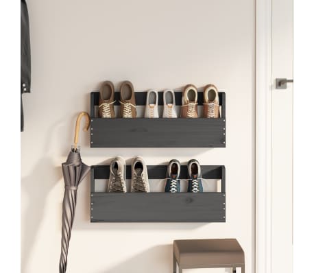 vidaXL Wall-mounted Shoe Racks 2 pcs Grey 59x9x23 cm Solid Wood Pine