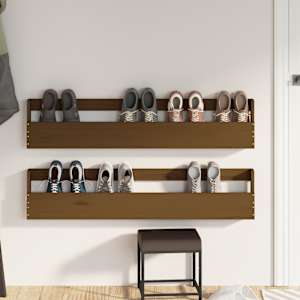 vidaXL Sieninės batų lentynos, 2vnt., medaus rudos, 110x9x23cm, pušis