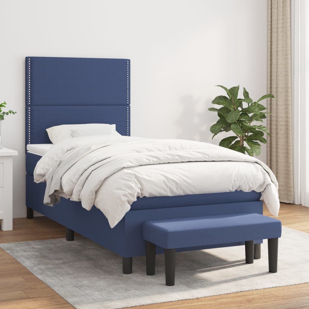 Kék szövet rugós ágy matraccal 100 x 200 cm 