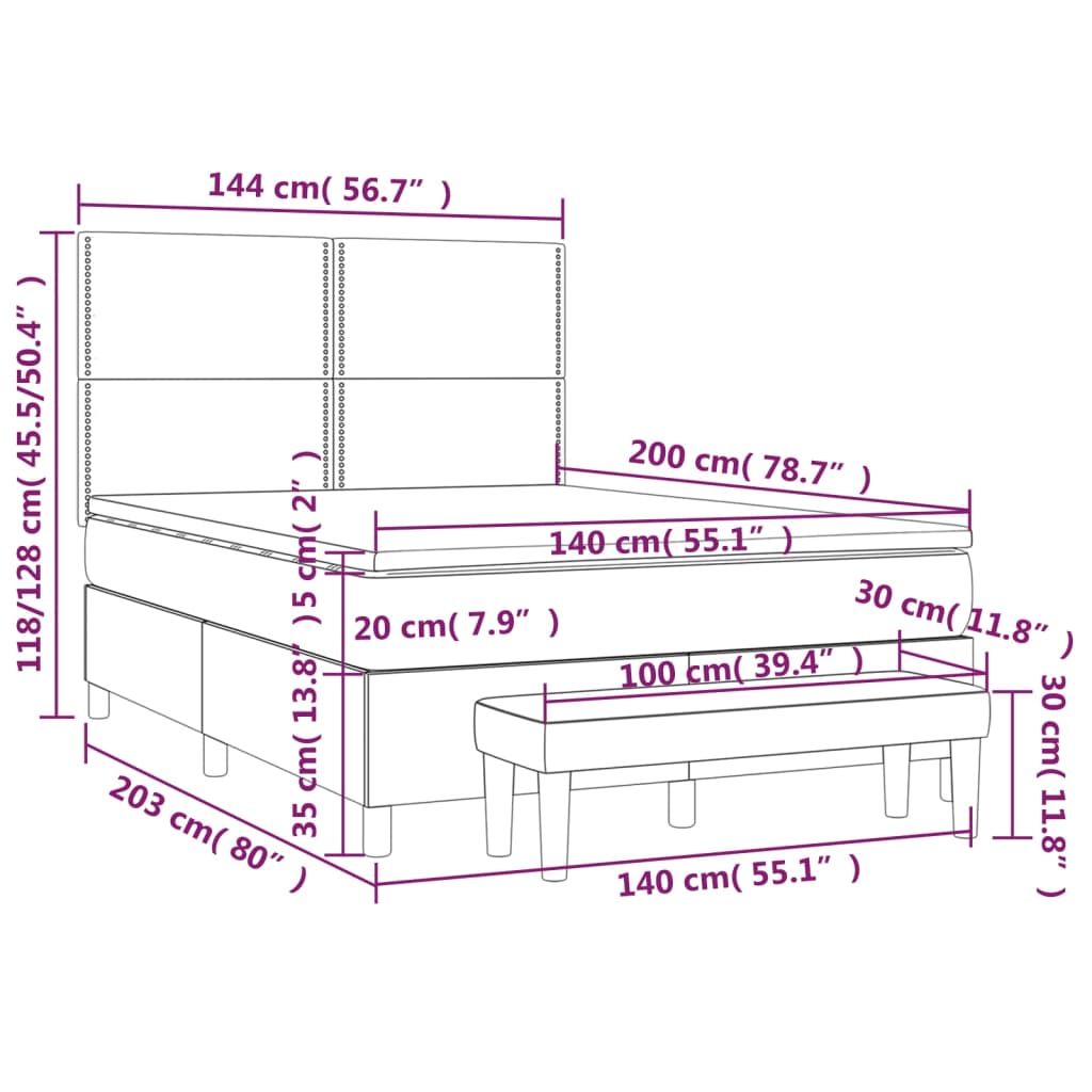 Łóżko kontynentalne z regulowanym zagłówkiem - 203x144x118/128 cm, kolor: taupe Materac ze sprężynami kieszeniowymi - 140x200x20 cm, kolor: szarobrązowy i biały Nakładka ochronna na materac - 140x200x5 cm, kolor: biały Ławka wielofunkcyjna - 100x30x30 cm, kolor: taupe