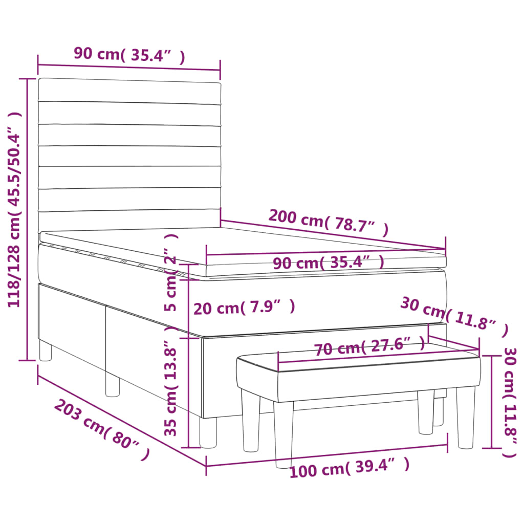 Łóżko kontynentalne czarne 203x90x118/128cm + materac 90x200x20cm + nakładka ochronna 90x200x5cm + ławka 70x30x30cm