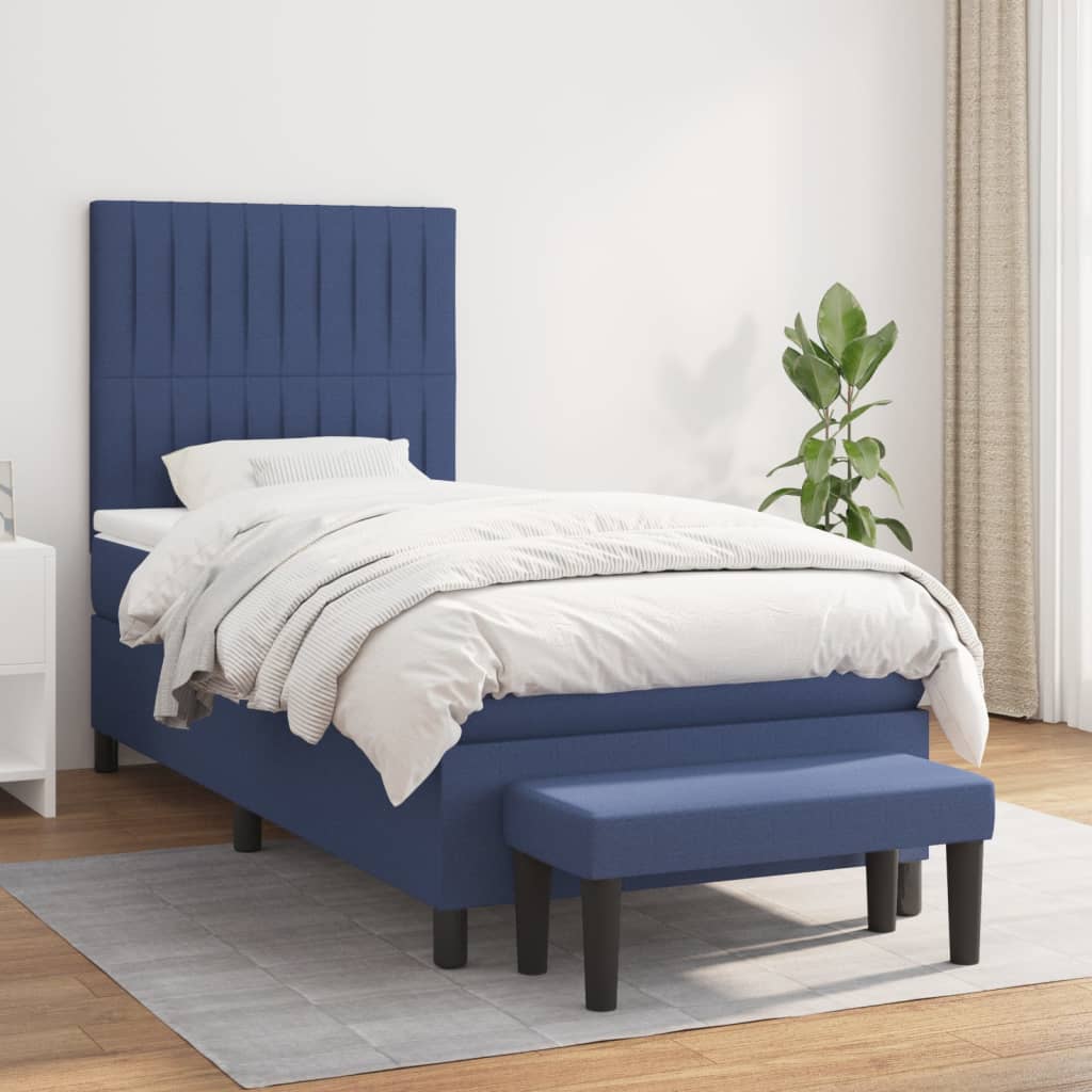 Kék szövet rugós ágy matraccal 90 x 200 cm 