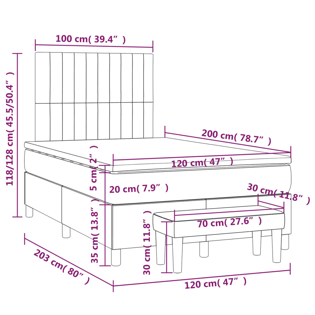 Łóżko kontynentalne jasnoszare 203x120x118/128cm + materac 120x200x20cm + nakładka 120x200x5cm + ławka 70x30x30cm