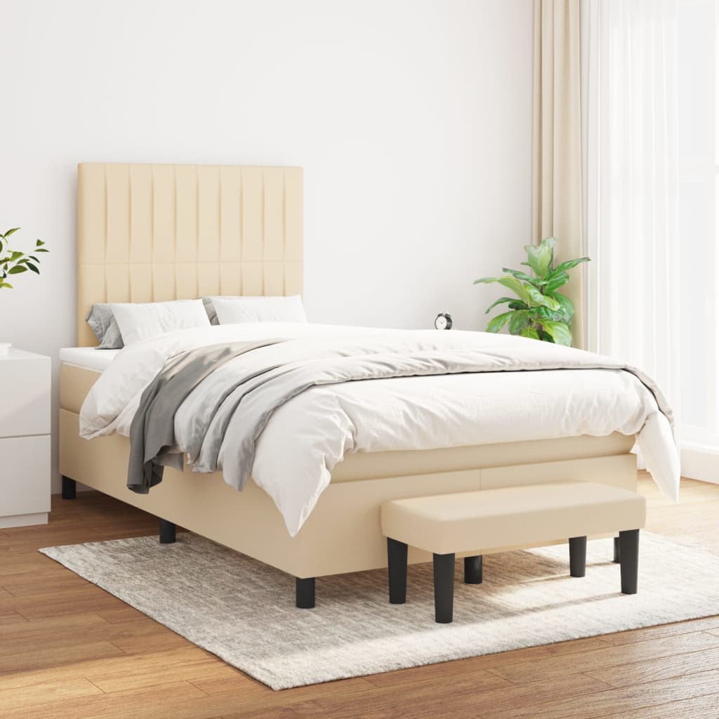 vidaXL Pat box spring cu saltea, crem, 120×200 cm, textil 120x200 imagine noua