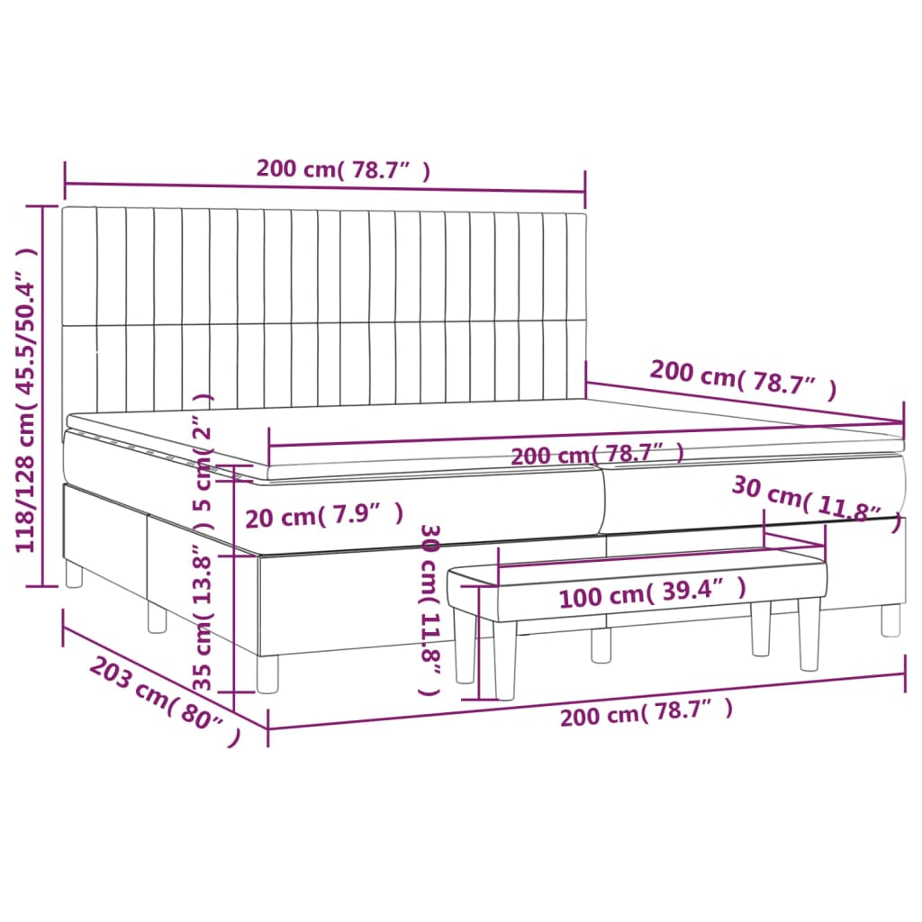 Łóżko kontynentalne jasnoszare 203x200x118/128cm + materac 100x200x20cm + nakładka ochronna 200x200x5cm + ławka 100x30x30cm